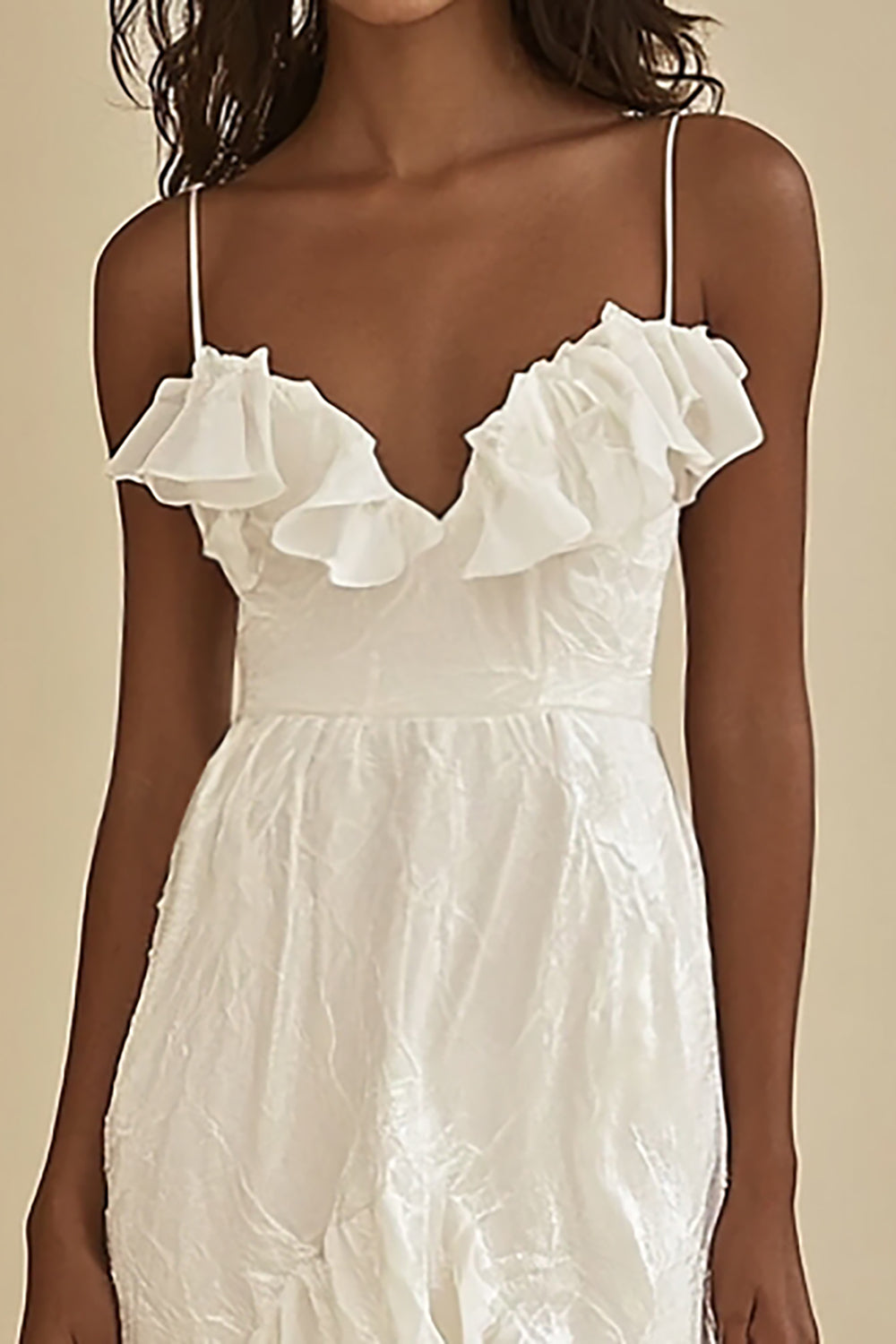 White Chiffon Spaghetti Straps Sheath Ruffled High-Low Graduation Dress