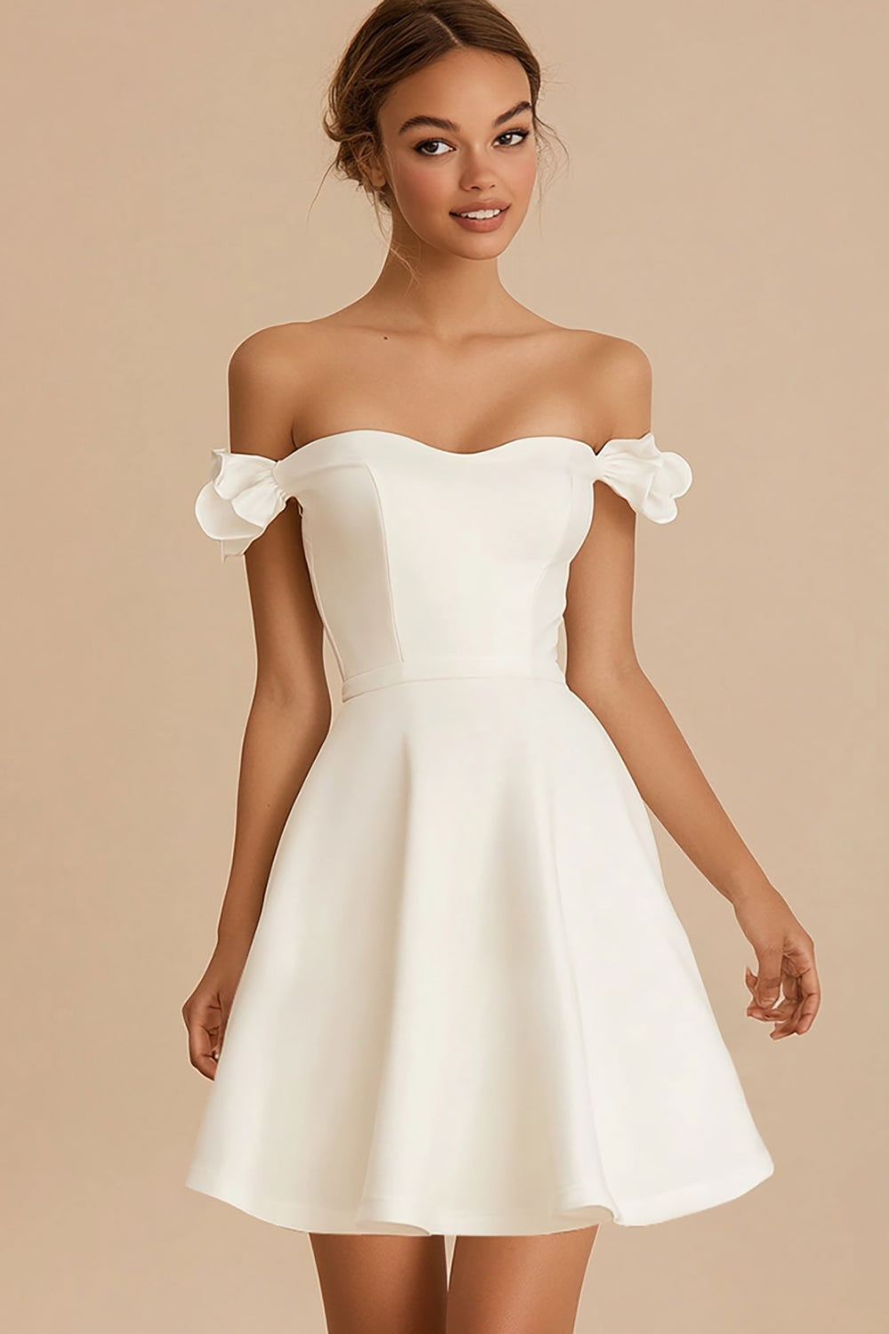 White Satin Ruffled Off The Shoulder Short Graduation Dress