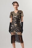 Sparkly Black Golden Sequin Fringed V Neck Bodycon Short 1920s Dress