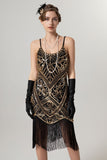 Black Golden Sequin Spaghetti Straps Bodycon Short 1920s Flapper Dress with Tassels