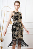 Sparkly Black Golden Boat Neck Midi Bodycon Fringed 1920s Dress