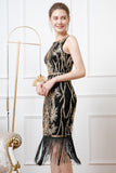 Sparkly Black Golden Boat Neck Midi Bodycon Fringed 1920s Dress