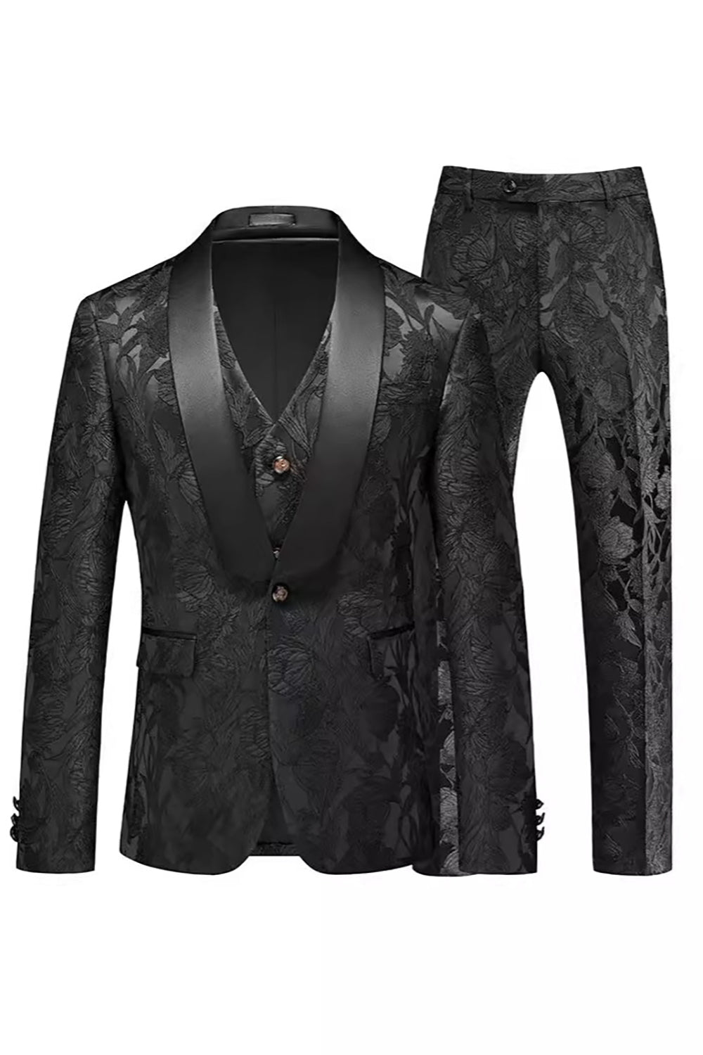 Black Jacquard 3 Pieces Shawl Lapel Single-breasted Men's Formal Suits