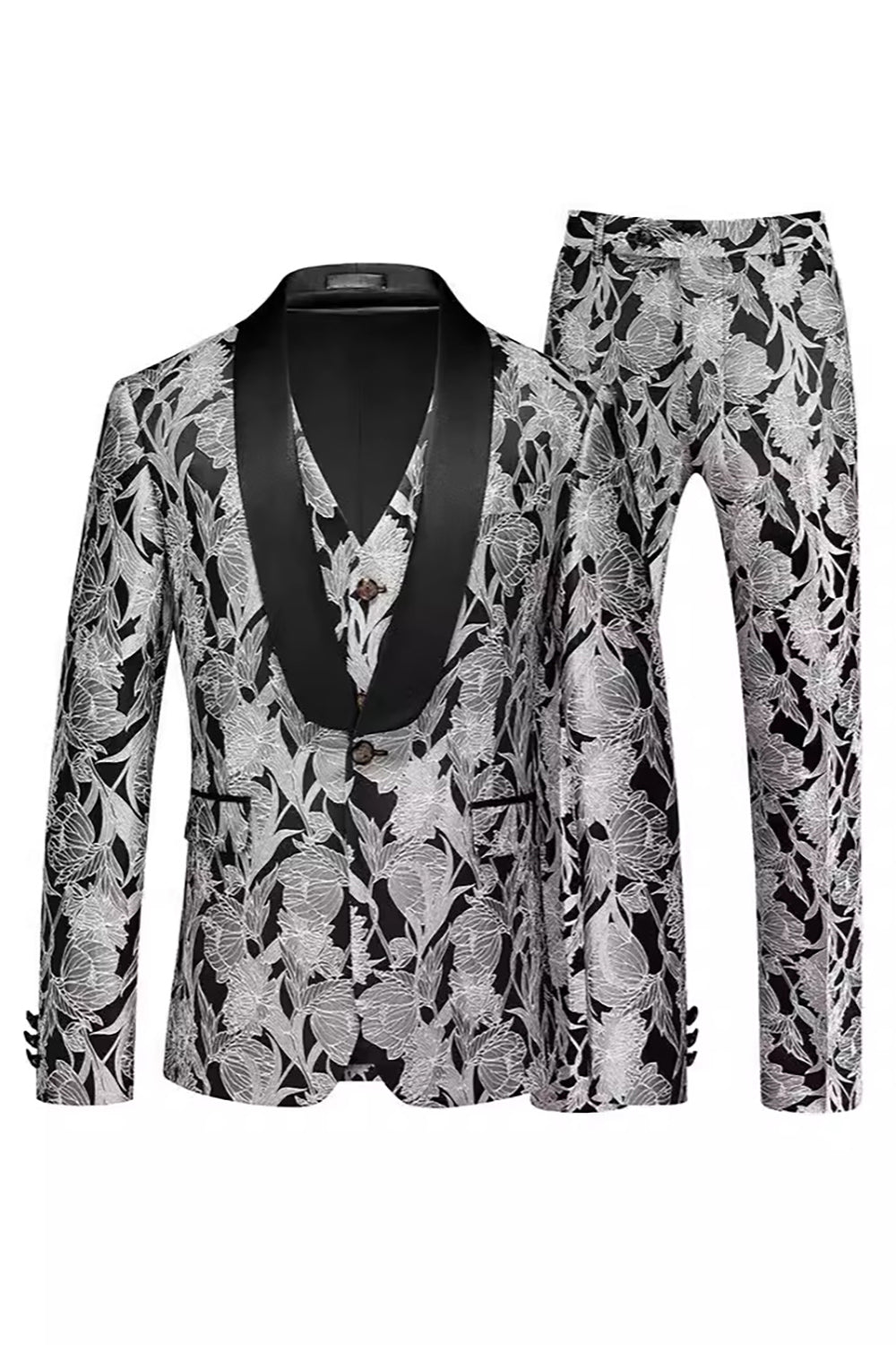 Black Jacquard 3 Pieces Shawl Lapel Single-breasted Men's Formal Suits