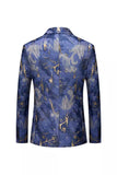 Blue Printed One Button Notched Lapel Fitted Men's Formal Blazer