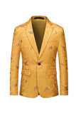 Yellow Notched Lapel Floral One Button Men's Formal Blazer