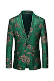 Green Floral Notched Lapel One Button Men's Formal Blazer