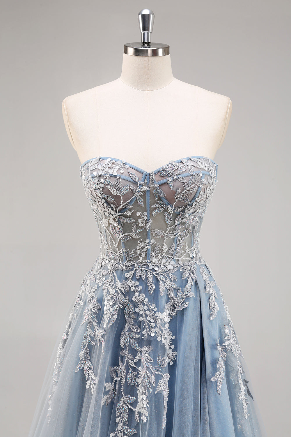 A Line Strapless Sheer Dusty Blue Corset Beaded Long Formal Dress with Slit