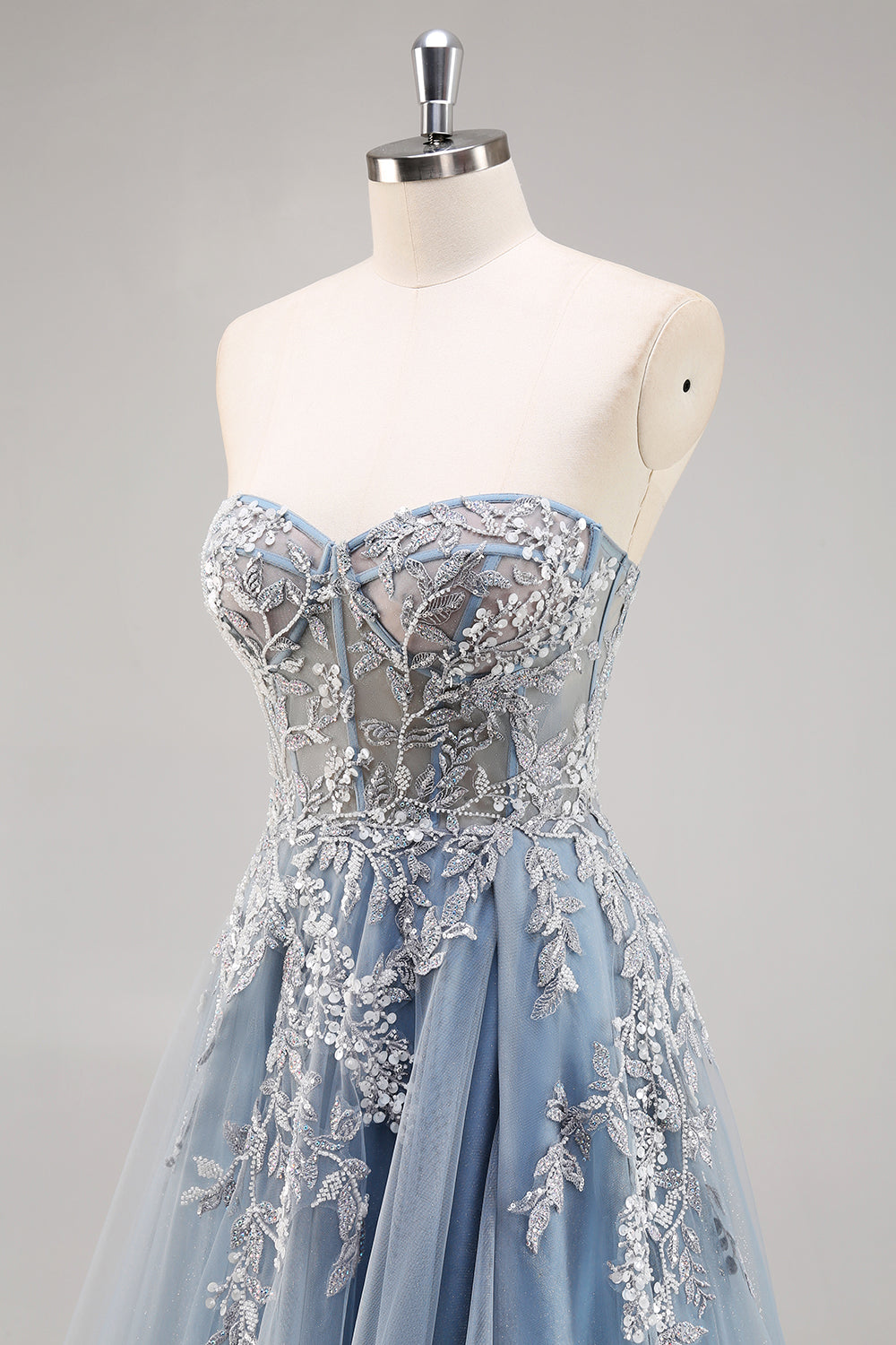 A Line Strapless Sheer Dusty Blue Corset Beaded Long Formal Dress with Slit