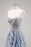 A Line Strapless Sheer Dusty Blue Corset Beaded Long Formal Dress with Slit