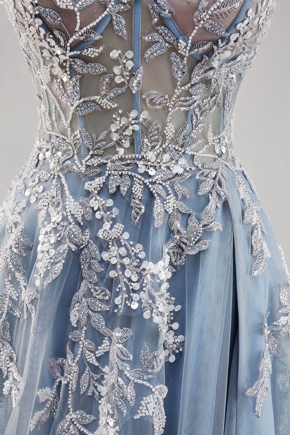 A Line Strapless Sheer Dusty Blue Corset Beaded Long Formal Dress with Slit