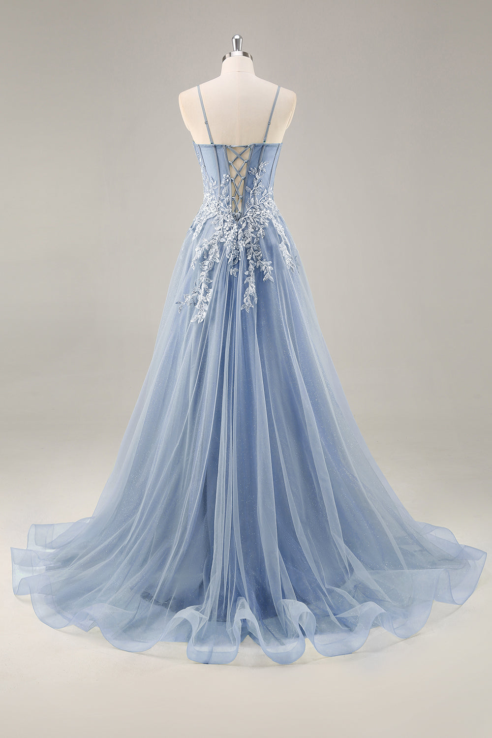 A Line Strapless Sheer Dusty Blue Corset Beaded Long Formal Dress with Slit