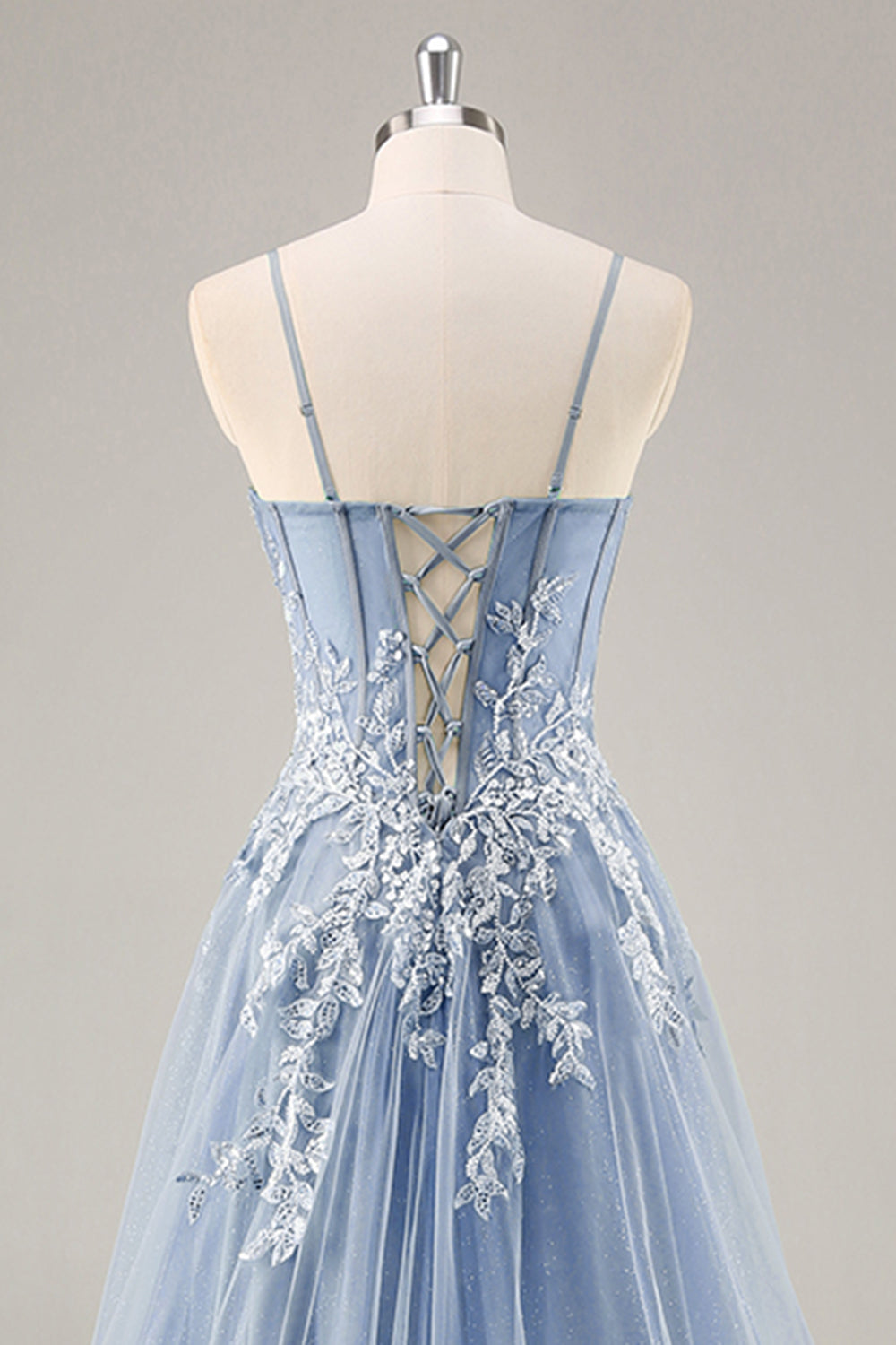 A Line Strapless Sheer Dusty Blue Corset Beaded Long Formal Dress with Slit