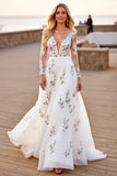 White Tulle A Line V-Neck Long Sleeves Boho Wedding Dress