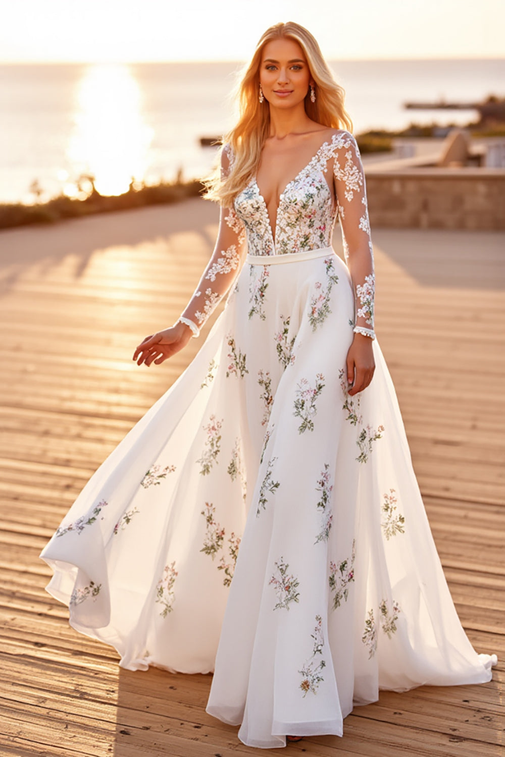 White Tulle A Line V-Neck Long Sleeves Boho Wedding Dress