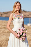 White Floral Satin A Line Sweep Train Boho Wedding Dress