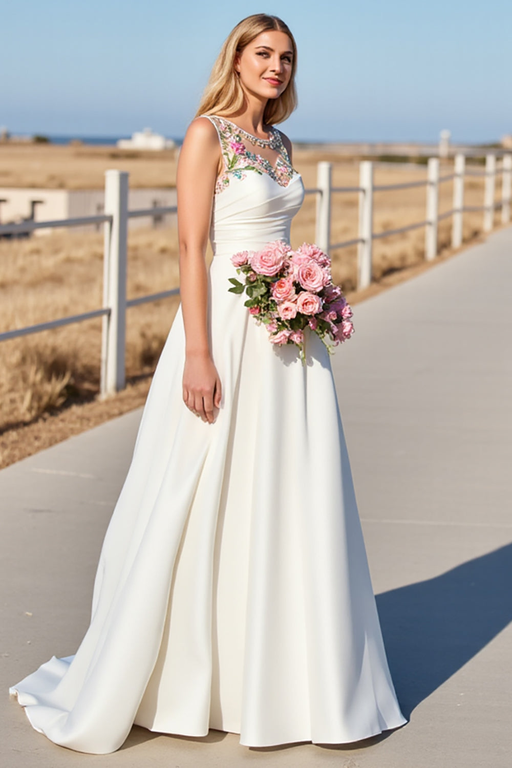 White Floral Satin A Line Sweep Train Boho Wedding Dress