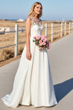 White Floral Satin A Line Sweep Train Boho Wedding Dress