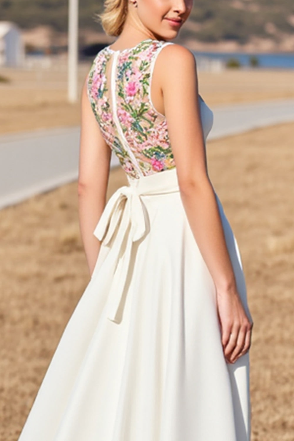 White Floral Satin A Line Sweep Train Boho Wedding Dress