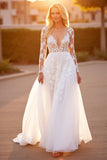 White A Line Tulle Long Sleeves Appliqued Sweep Train Wedding Dress