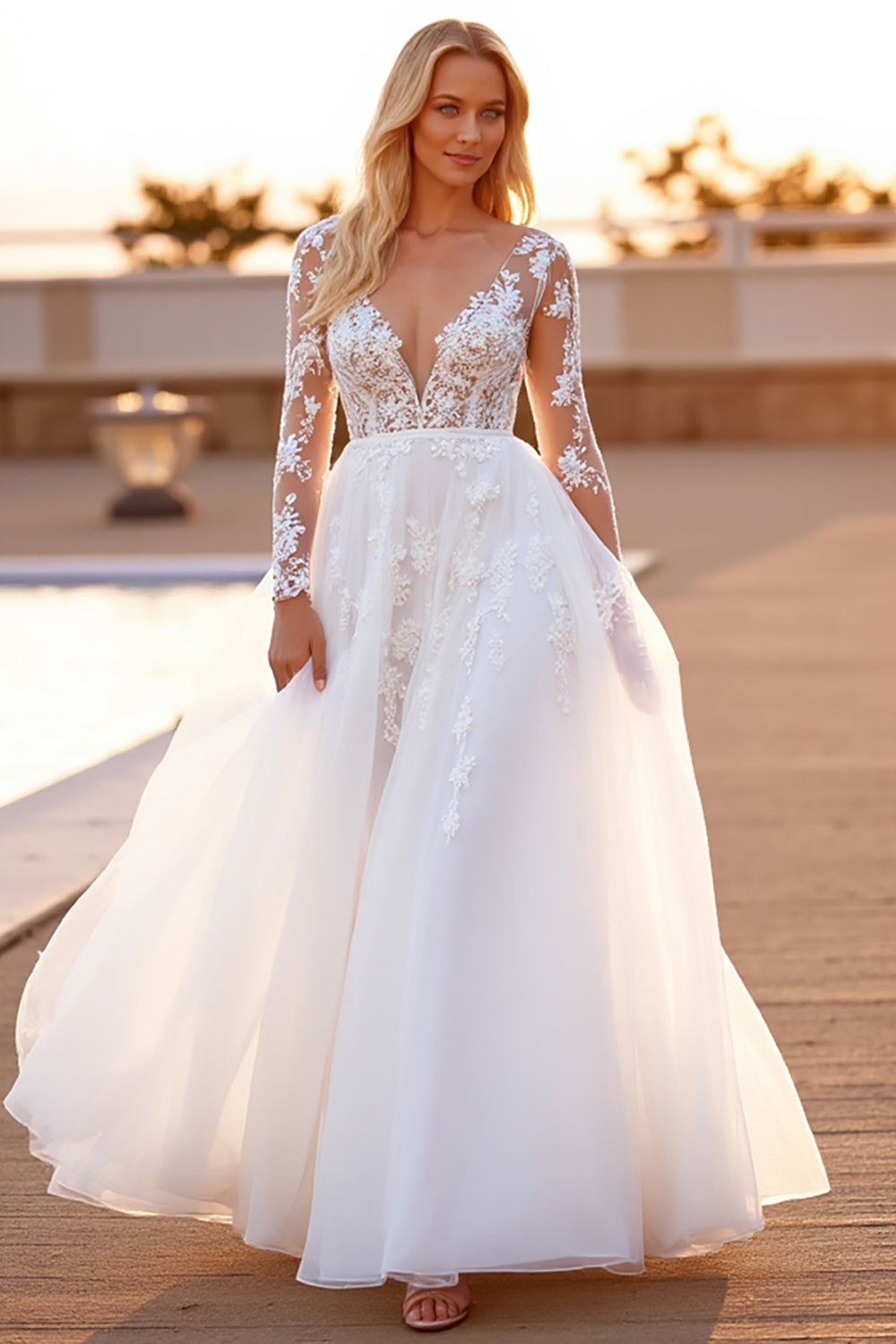 White A Line Tulle Long Sleeves Appliqued Sweep Train Wedding Dress
