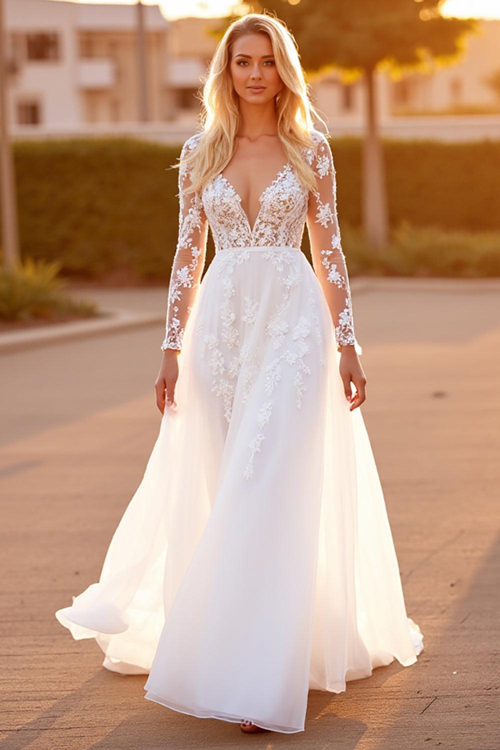 White A Line Tulle Long Sleeves Appliqued Sweep Train Wedding Dress
