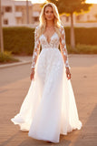White A Line Tulle Long Sleeves Appliqued Sweep Train Wedding Dress