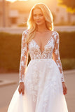 White A Line Tulle Long Sleeves Appliqued Sweep Train Wedding Dress