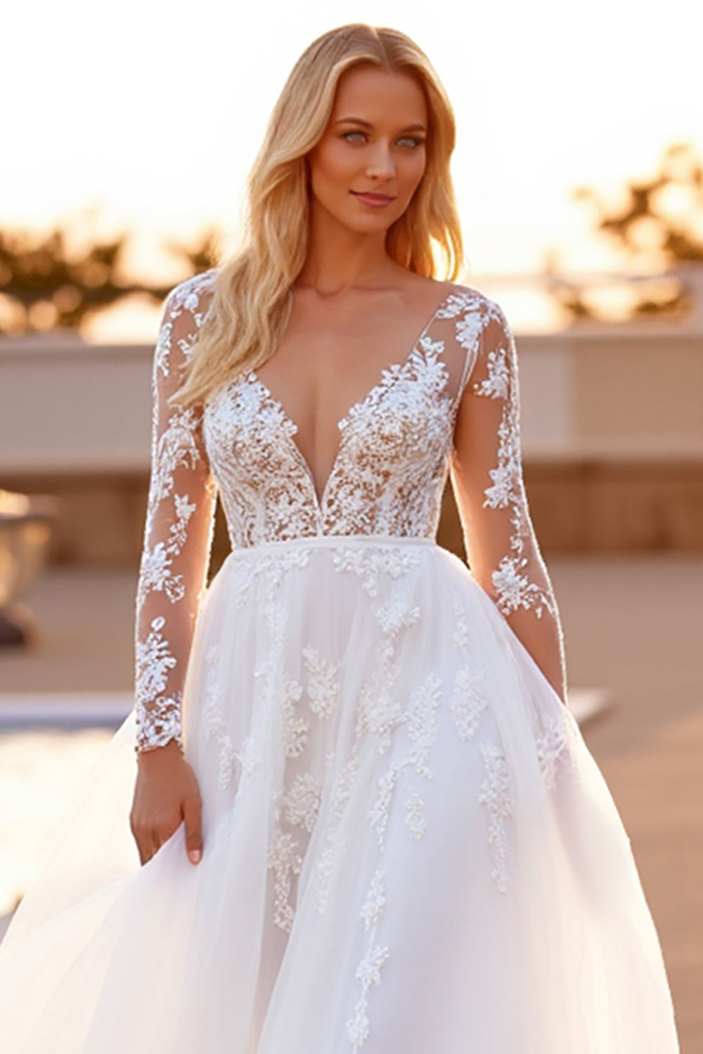 White A Line Tulle Long Sleeves Appliqued Sweep Train Wedding Dress