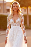 White A Line Tulle Long Sleeves Appliqued Sweep Train Wedding Dress