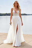 White A Line Chiffon Deep V-Neck Sweep Train Boho Wedding Dress with Lace
