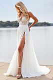 White A Line Chiffon Deep V-Neck Sweep Train Boho Wedding Dress with Lace