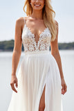White A Line Chiffon Deep V-Neck Sweep Train Boho Wedding Dress with Lace