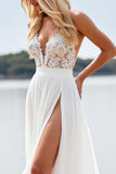 White A Line Chiffon Deep V-Neck Sweep Train Boho Wedding Dress with Lace