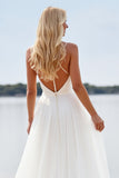 White A Line Chiffon Deep V-Neck Sweep Train Boho Wedding Dress with Lace