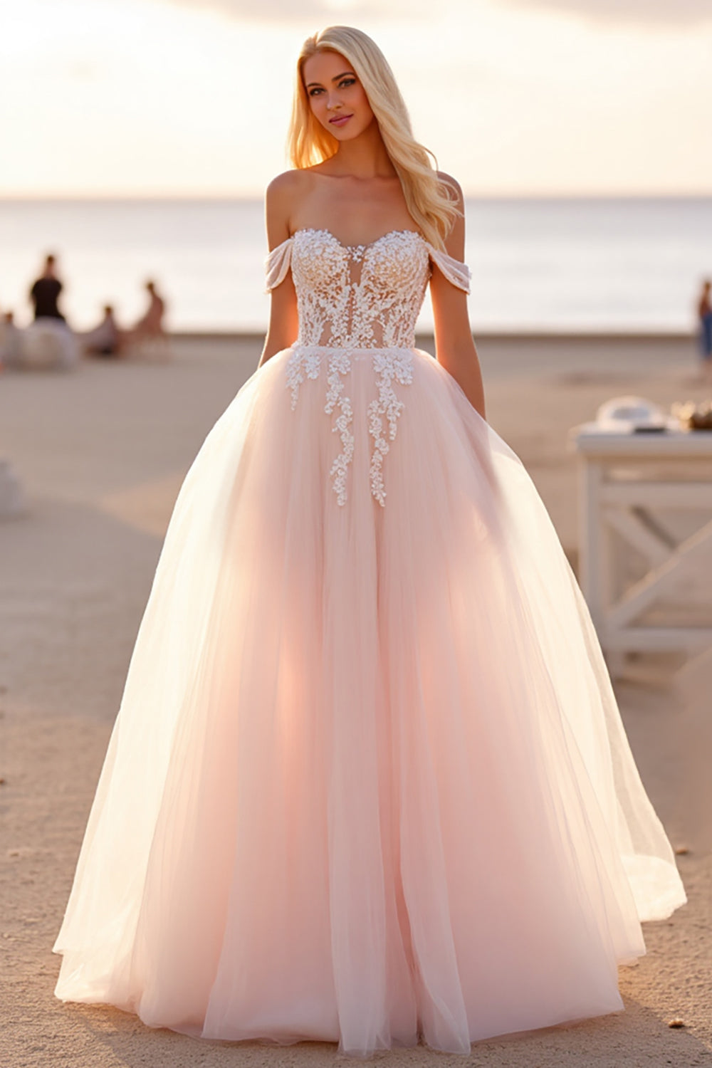 Blush Tulle Ball Gown Off the Shoulder Wedding Dress with Appliques