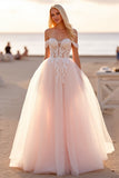 Blush Tulle Ball Gown Off the Shoulder Wedding Dress with Appliques