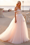 Blush Tulle Ball Gown Off the Shoulder Wedding Dress with Appliques