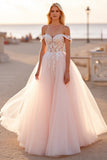 Blush Tulle Ball Gown Off the Shoulder Wedding Dress with Appliques