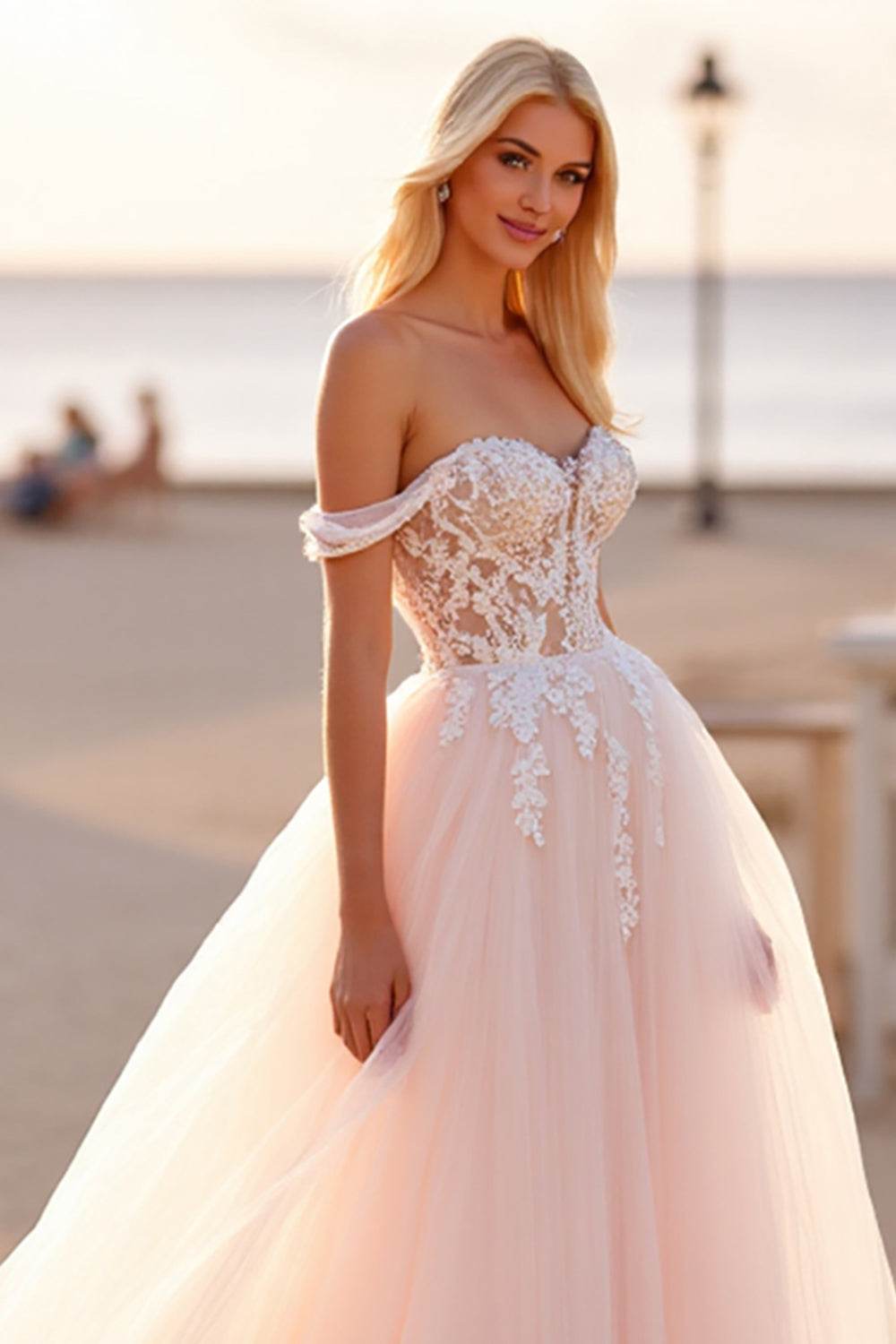 Blush Tulle Ball Gown Off the Shoulder Wedding Dress with Appliques