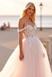Blush Tulle Ball Gown Off the Shoulder Wedding Dress with Appliques