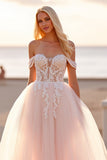 Blush Tulle Ball Gown Off the Shoulder Wedding Dress with Appliques