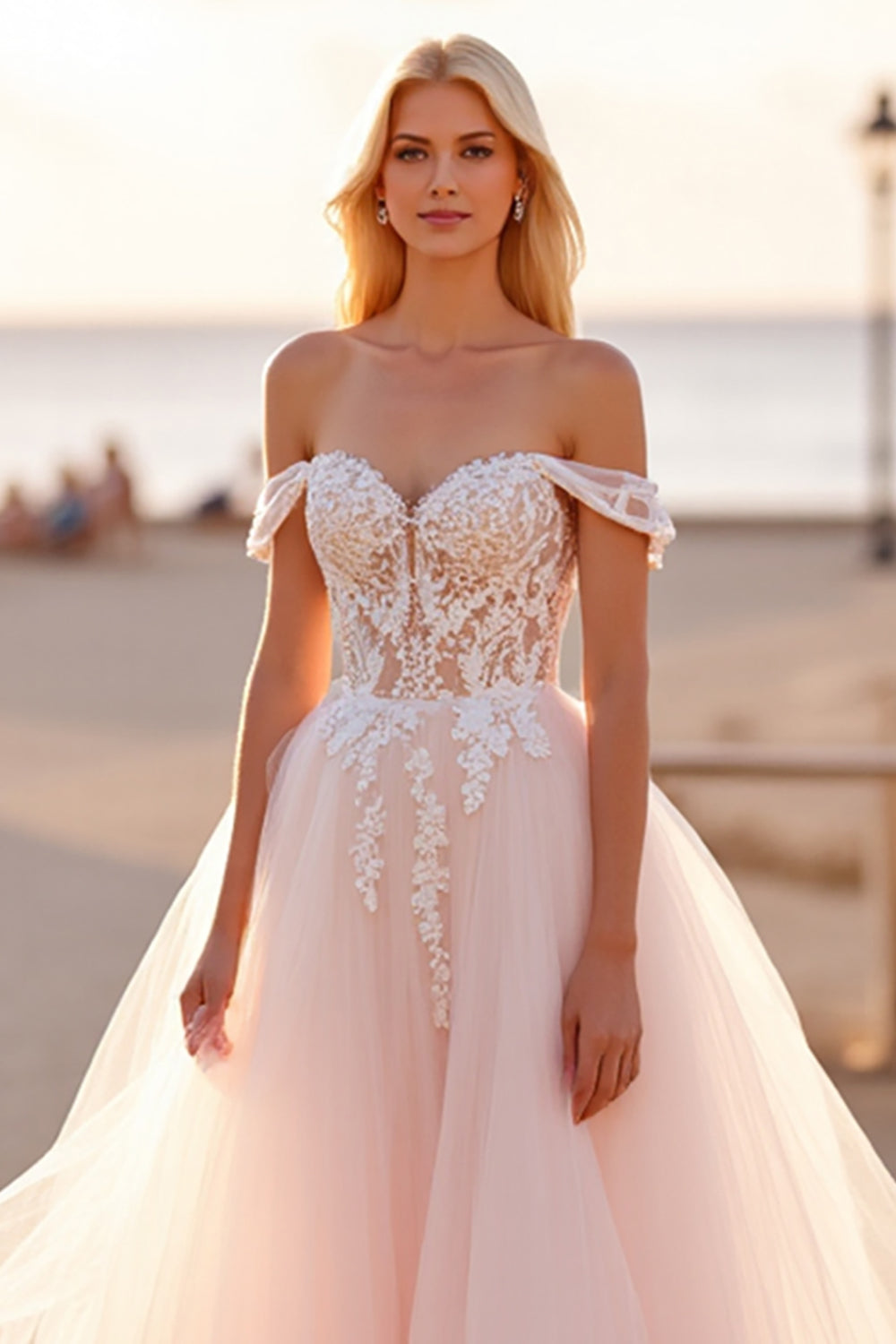 Blush Tulle Ball Gown Off the Shoulder Wedding Dress with Appliques