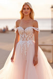 Blush Tulle Ball Gown Off the Shoulder Wedding Dress with Appliques
