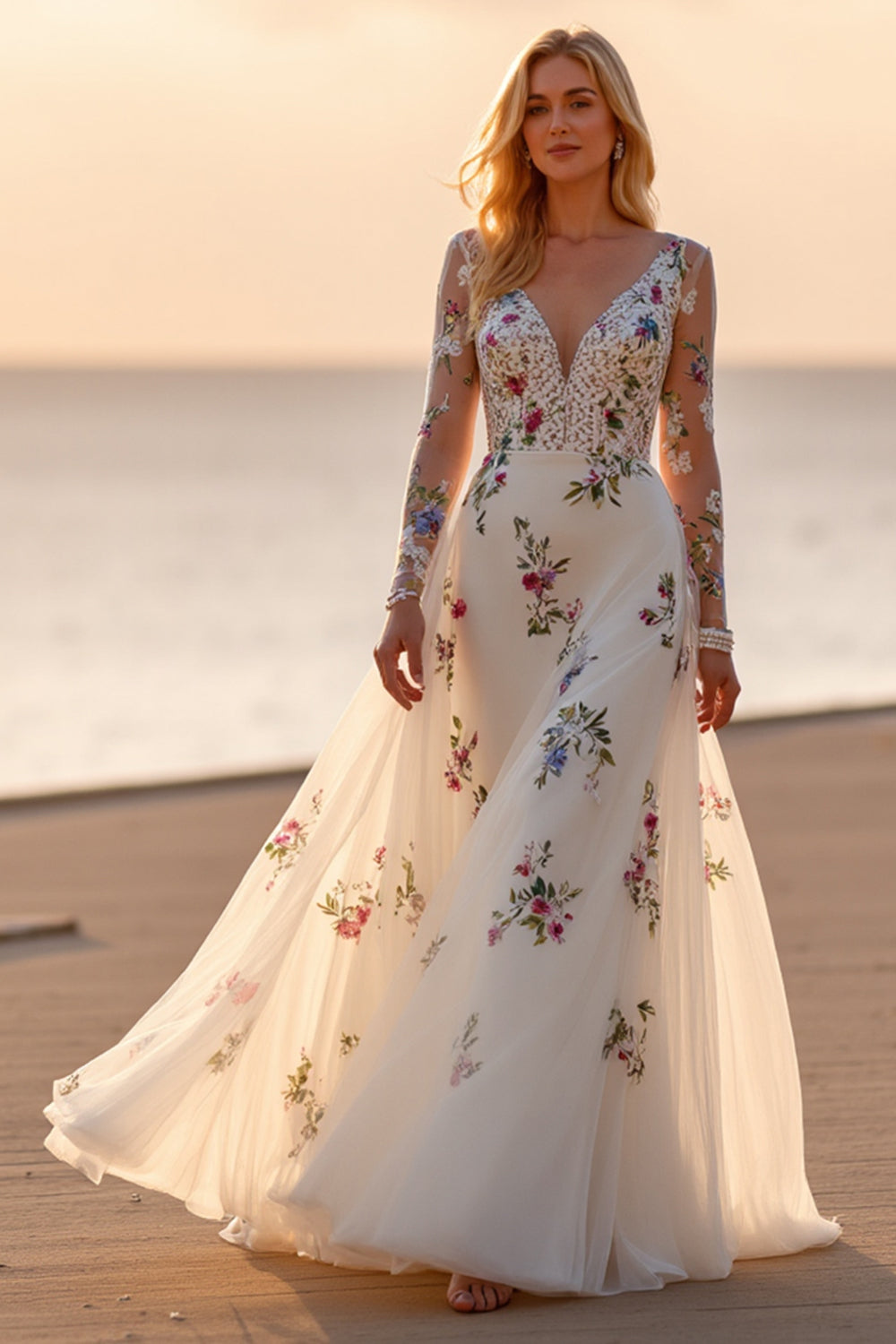 White Floral Long Sleeves Deep V-Neck Floor-Length Wedding Dress
