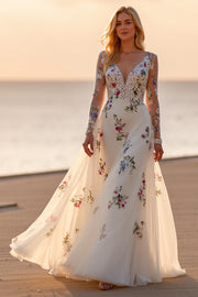 White Floral Long Sleeves Deep V-Neck Floor-Length Wedding Dress