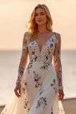 White Floral Long Sleeves Deep V-Neck Floor-Length Wedding Dress
