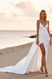 White Sheath Sweep Train Boho Wedding Dress with Slit
