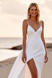 White Sheath Sweep Train Boho Wedding Dress with Slit