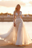 White Tulle Appliqued A Line Long Sleeves Wedding Dress